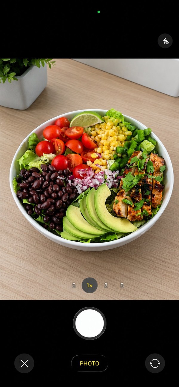 Basta camera viewfinder showing a meal bowl on a table