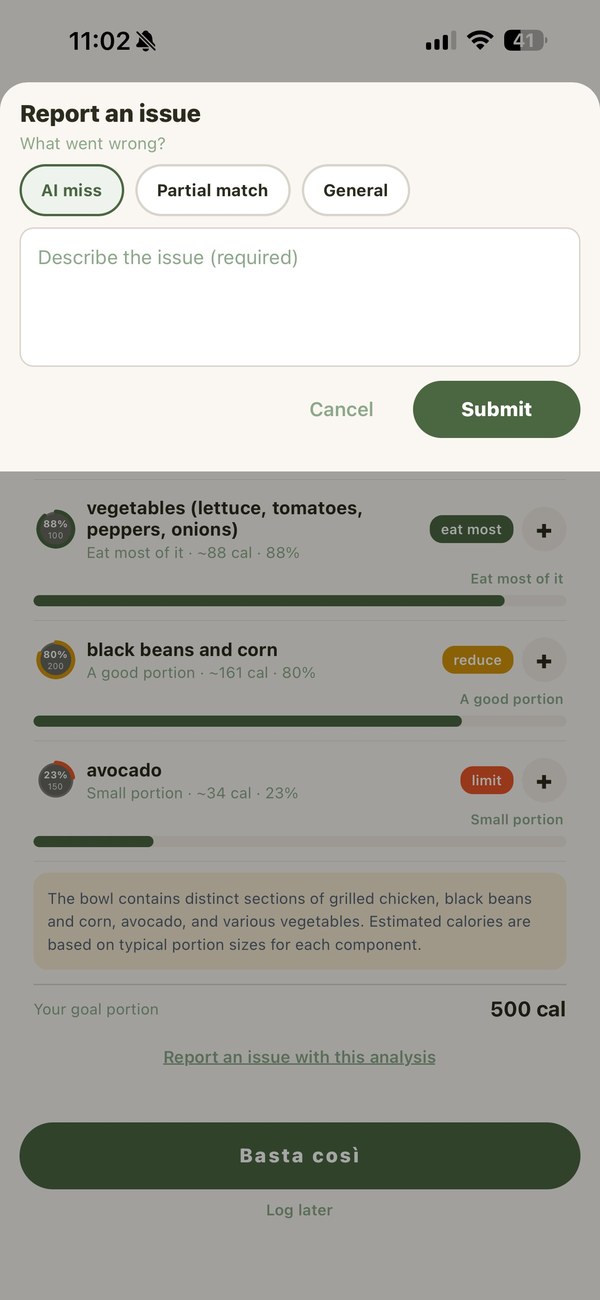 Basta Report an issue dialog with AI miss, Partial match, and General tabs