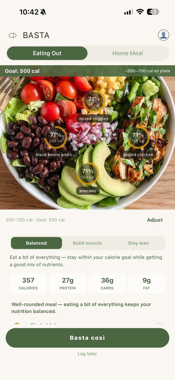 Basta results screen with rings showing portion guidance on a salad bowl