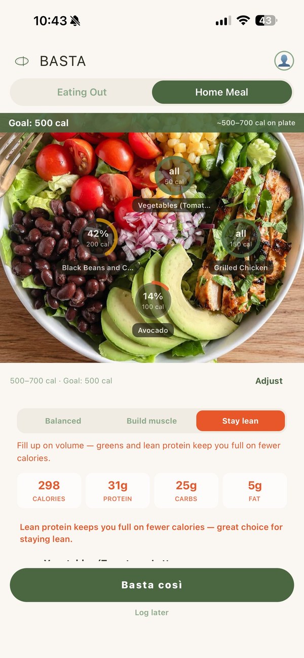 Basta results screen with Stay Lean scenario active, rings weighted toward vegetables