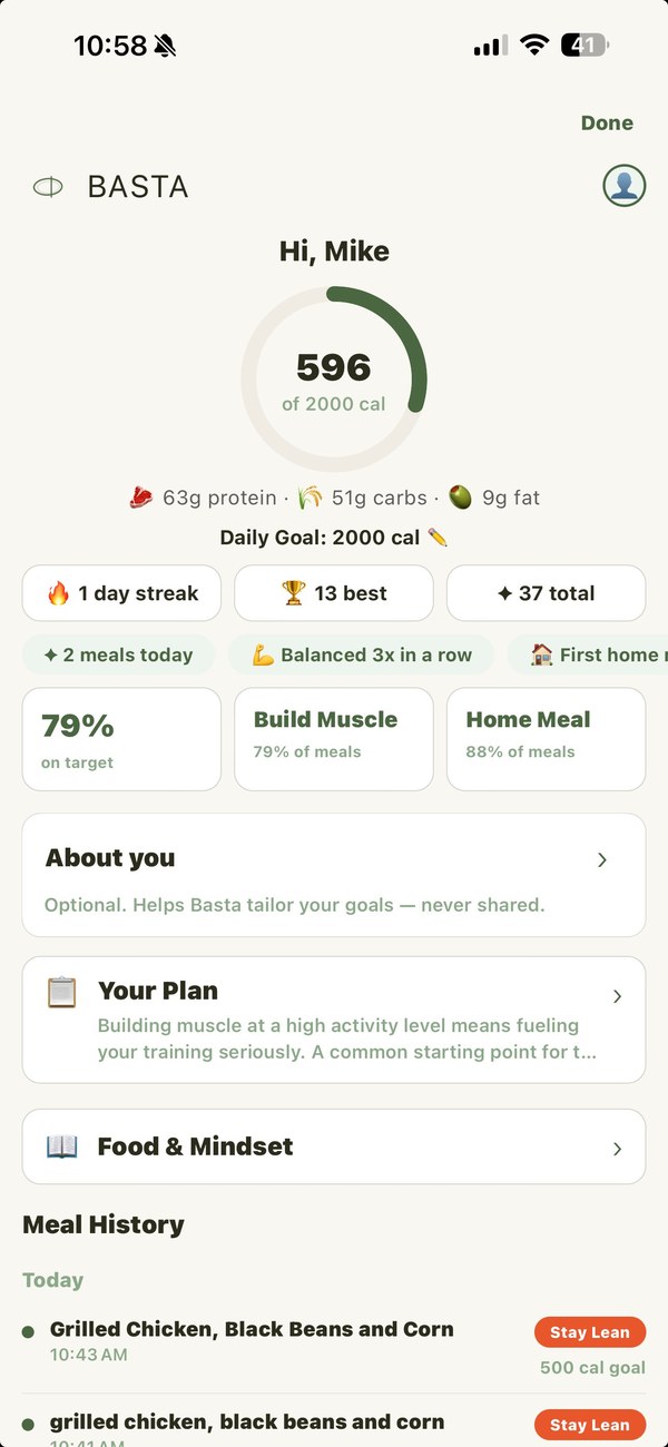 Basta profile screen showing the daily ring, streak, meal history, and Your Plan card