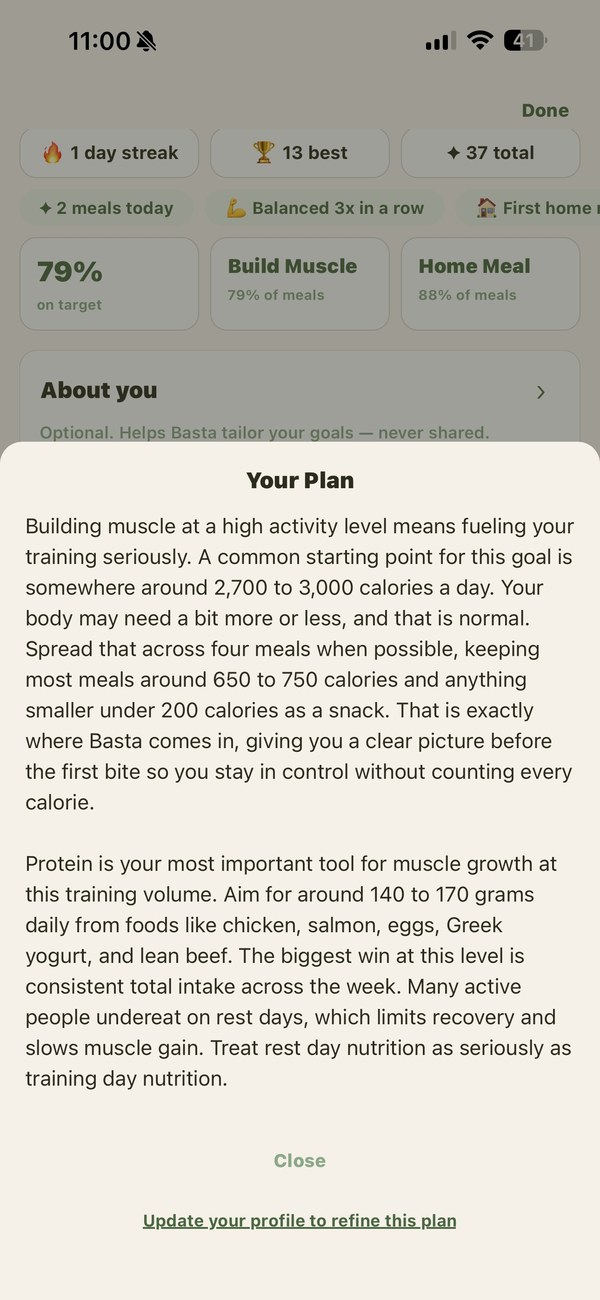 Basta Your Plan modal showing personalized calorie and protein guidance
